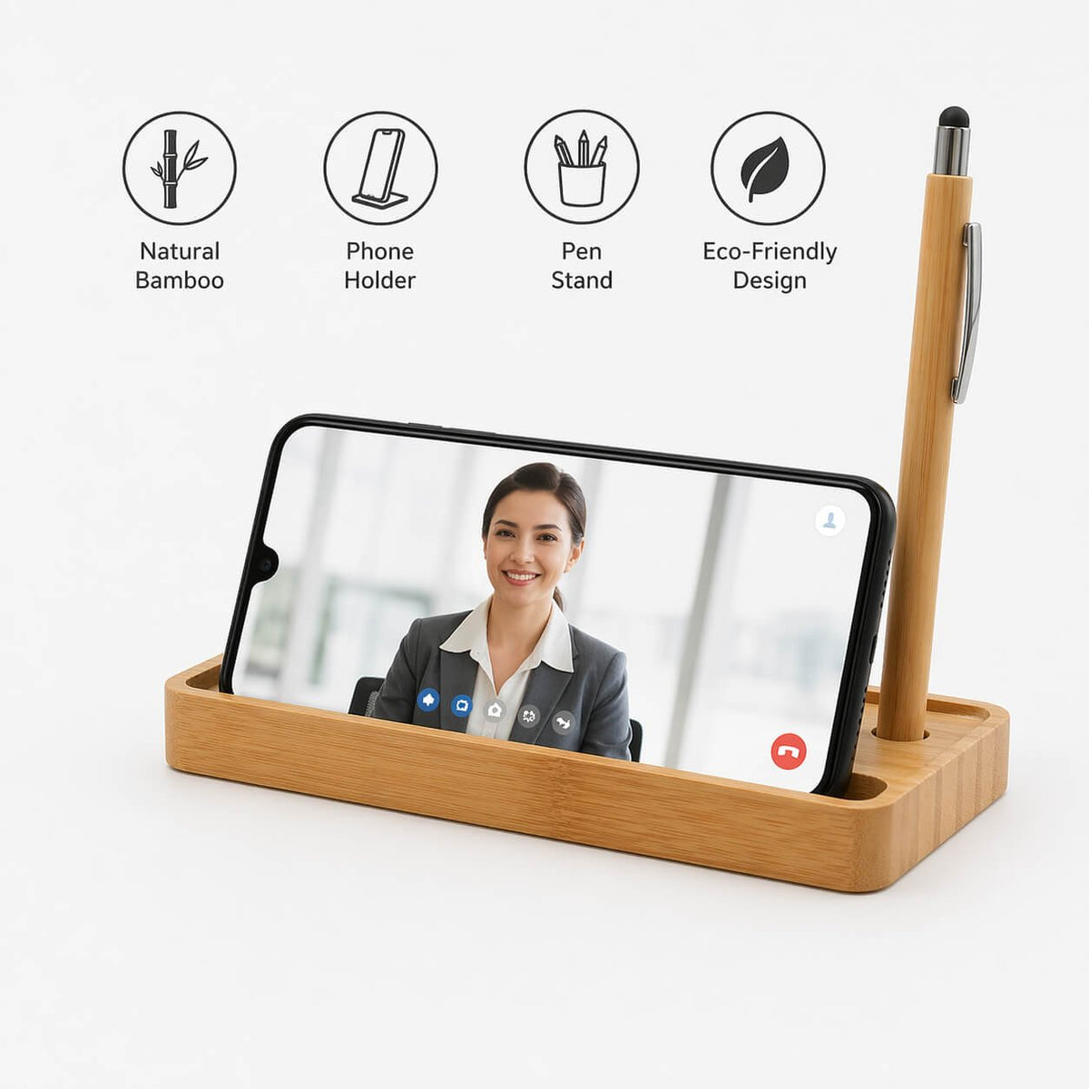 ZenCharge Slim: Bamboo Wireless charger with Phone stand and double Pen stand - Premium Corporate Gift | C204 - corporate gift by YuBingo