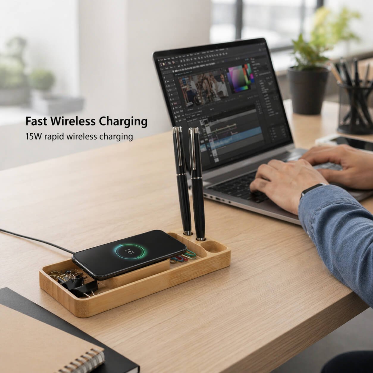 ZenCharge Slim: Bamboo Wireless charger with Phone stand and double Pen stand - Premium Corporate Gift | C204 - corporate gift by YuBingo