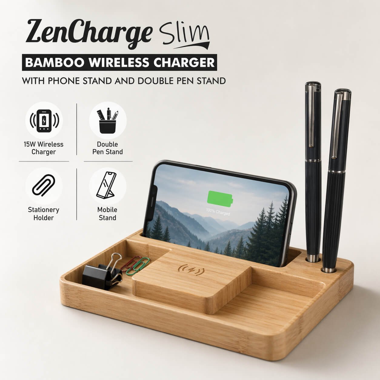 ZenCharge Slim: Bamboo Wireless charger with Phone stand and double Pen stand - Premium Corporate Gift | C204 - product image 3