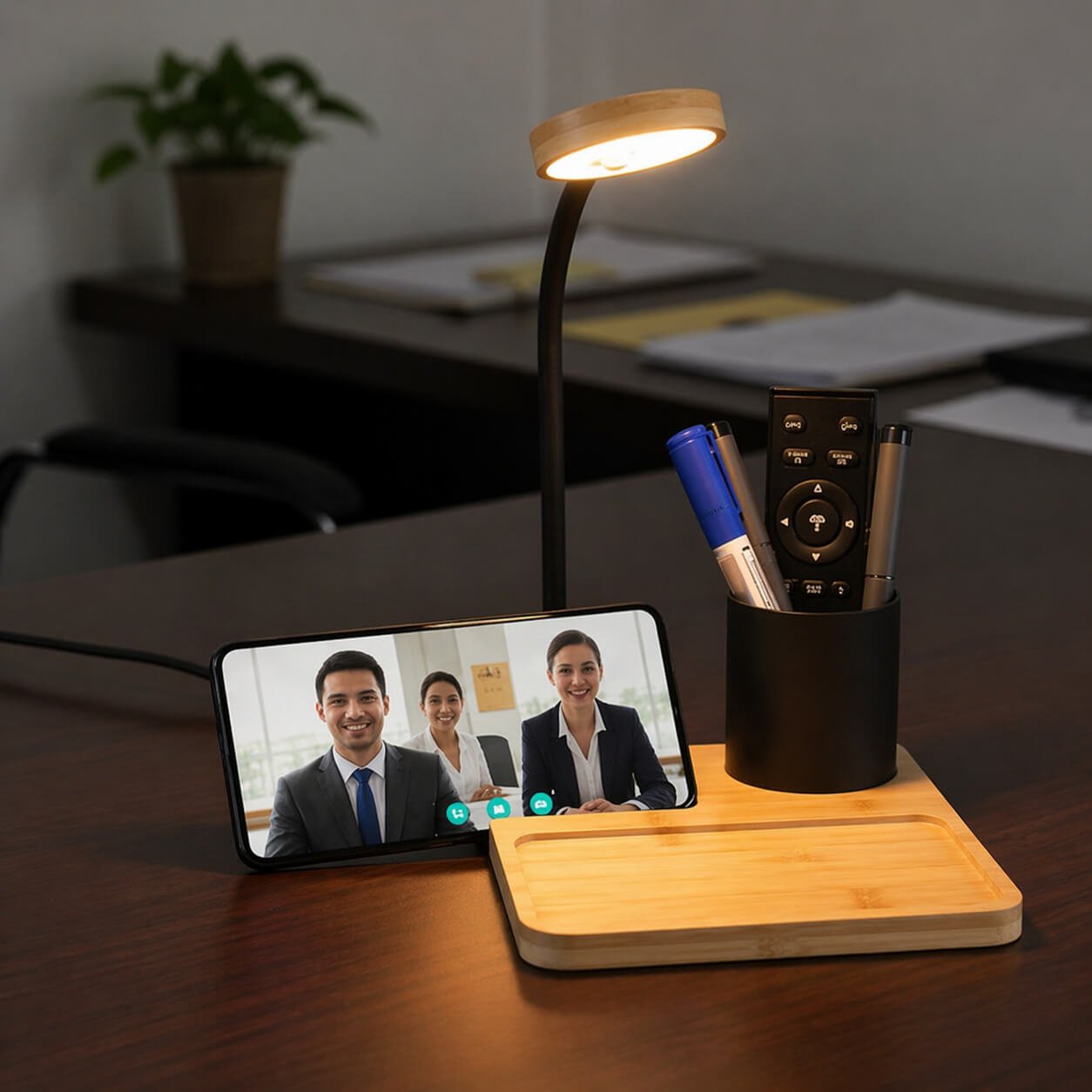 GlowNest: Bamboo Table top with 15W Wireless Charger, LED Lamp, Metal Pen holder & phone stand - Premium Corporate Gift | C205 - corporate gift by YuBingo