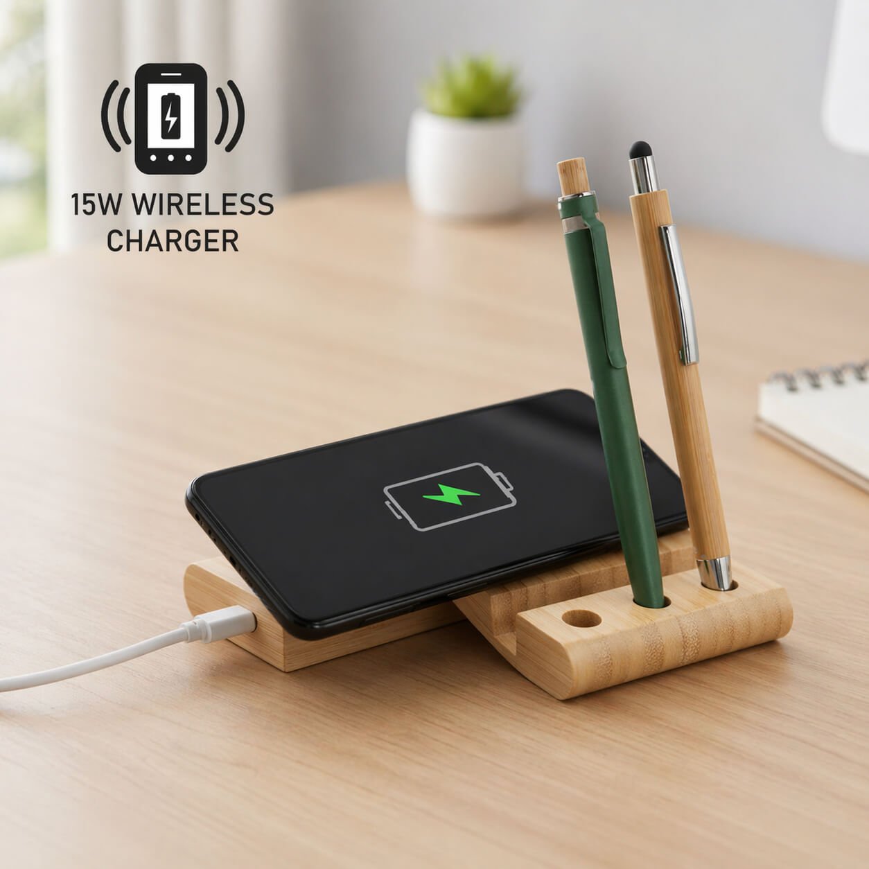 ZenCharge: Bamboo Wireless Charger with phone stand and triple pen stand - Premium Corporate Gift | C206 - corporate gift by YuBingo