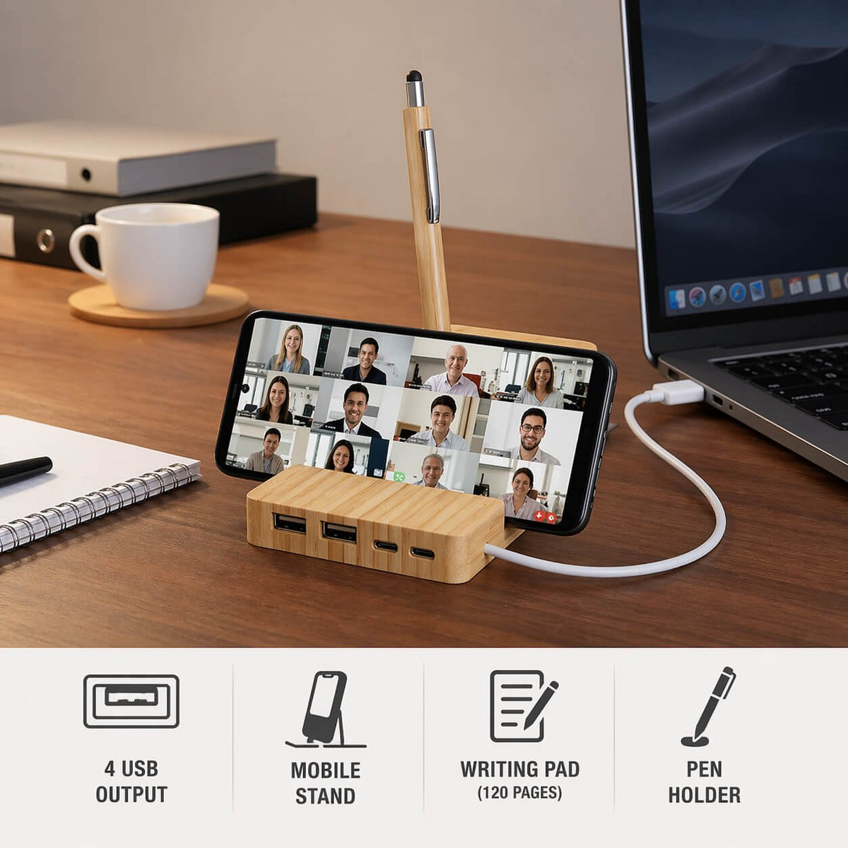 Branchr Pad: Bamboo USB hub with Writing pad and Phone stand - Premium Corporate Gift | C208 - corporate gift by YuBingo