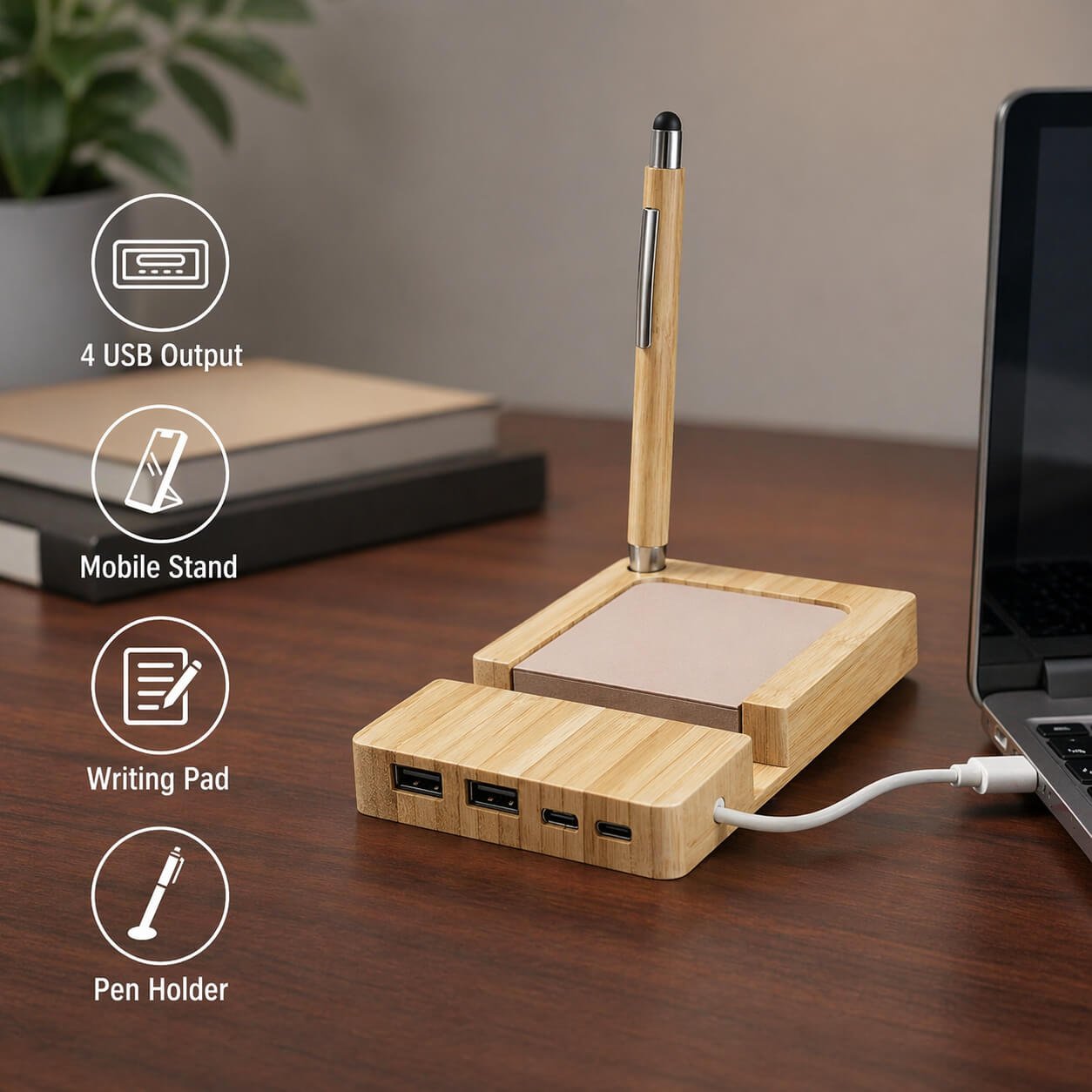 Branchr Pad: Bamboo USB hub with Writing pad and Phone stand - Premium Corporate Gift | C208 - corporate gift by YuBingo