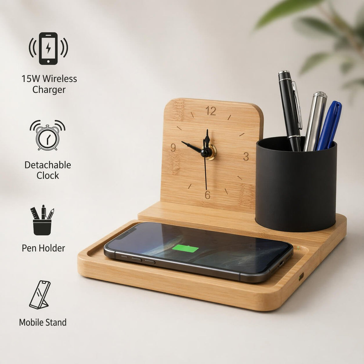 ZenCharge Core: Bamboo Wireless charger with phone stand, Metal Pen holder and Clock - Premium Corporate Gift | C209 - corporate gift by YuBingo