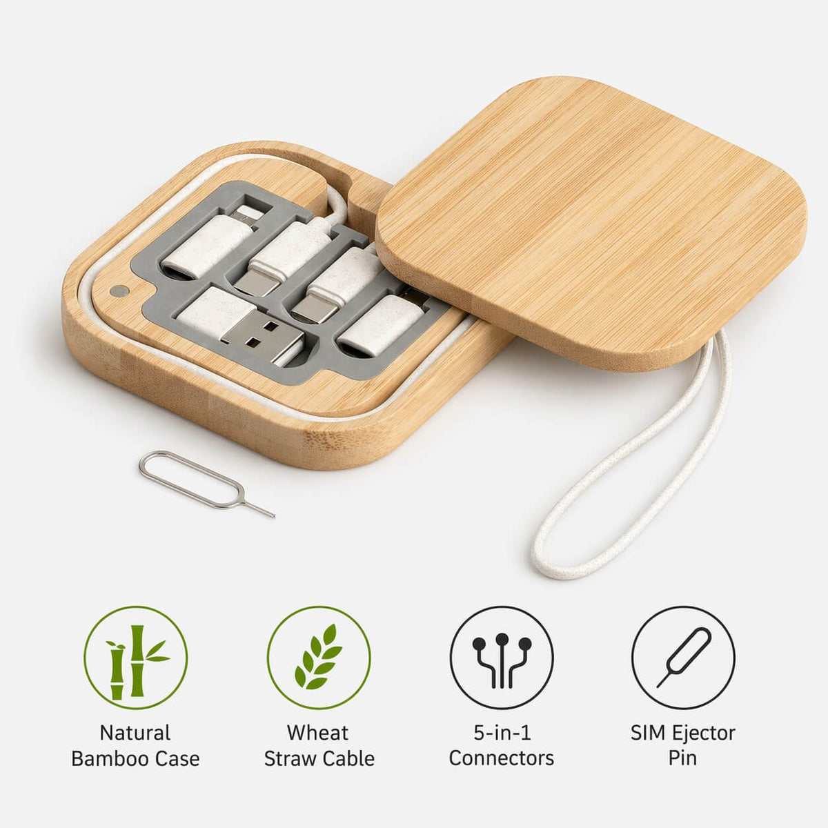BamBox Square: Travel Cable box with universal connectors, ejector pin in Magnetic Bamboo Case - Premium Corporate Gift | C218 - corporate gift by YuBingo