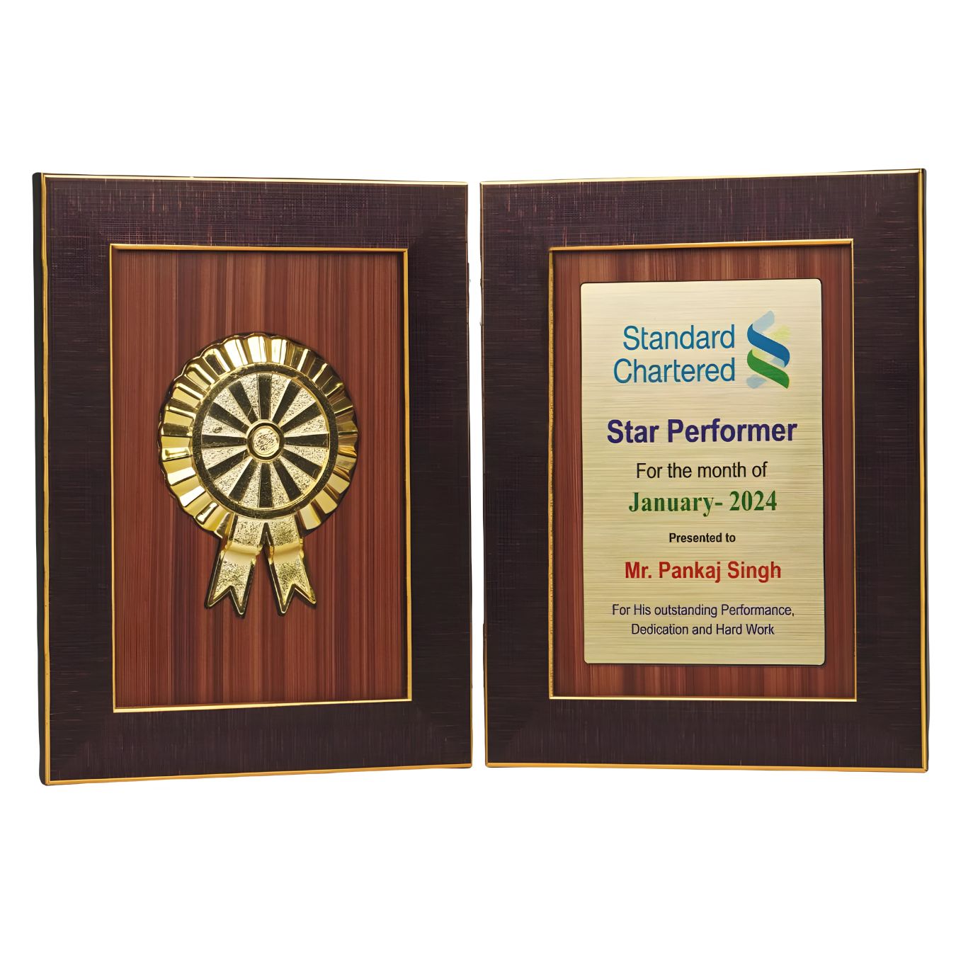 F16 - Book Style Folding Trophy with Award Motif | 8.5 x 6.5″ | Wooden Background - corporate gift by YuBingo