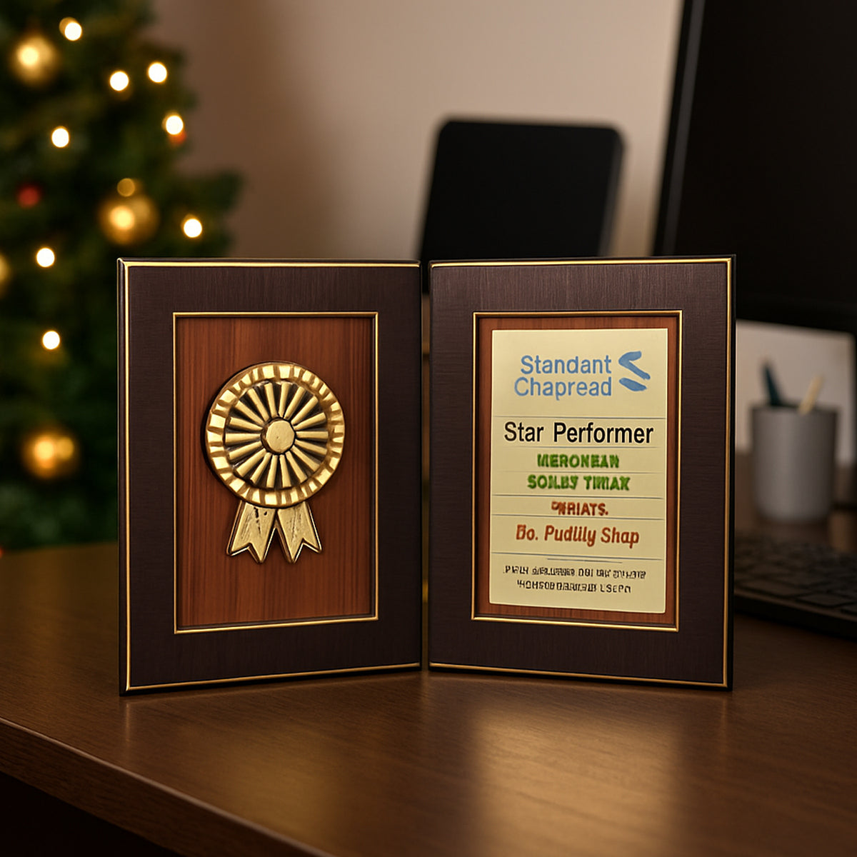 F16 - Book Style Folding Trophy with Award Motif | 8.5 x 6.5″ | Wooden Background - corporate gift by YuBingo