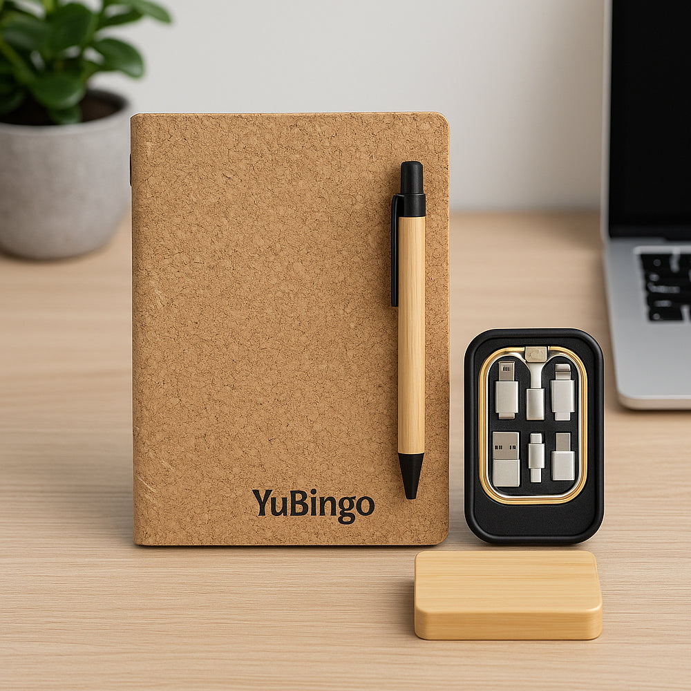 GBI-R4388 Eco Cork Gift Set - Notebook, Pen, Card Holder & Charging Kit - corporate gift by YuBingo