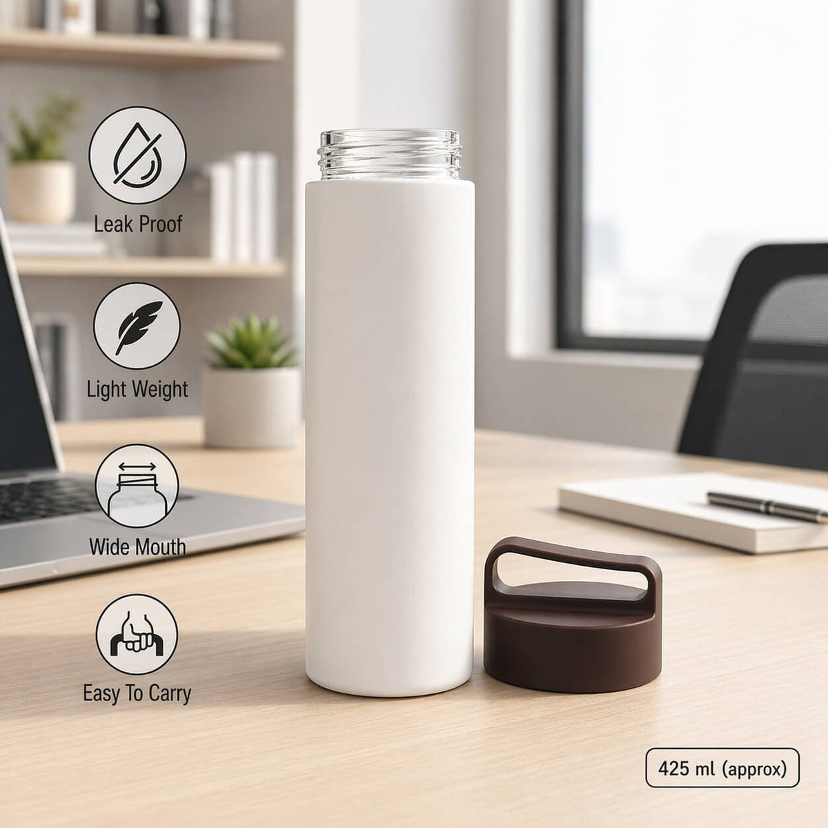 SafeSip Tilt: Glass bottle with outer plastic body and Easy carry handle - Premium Corporate Gift | H347 - corporate gift by YuBingo