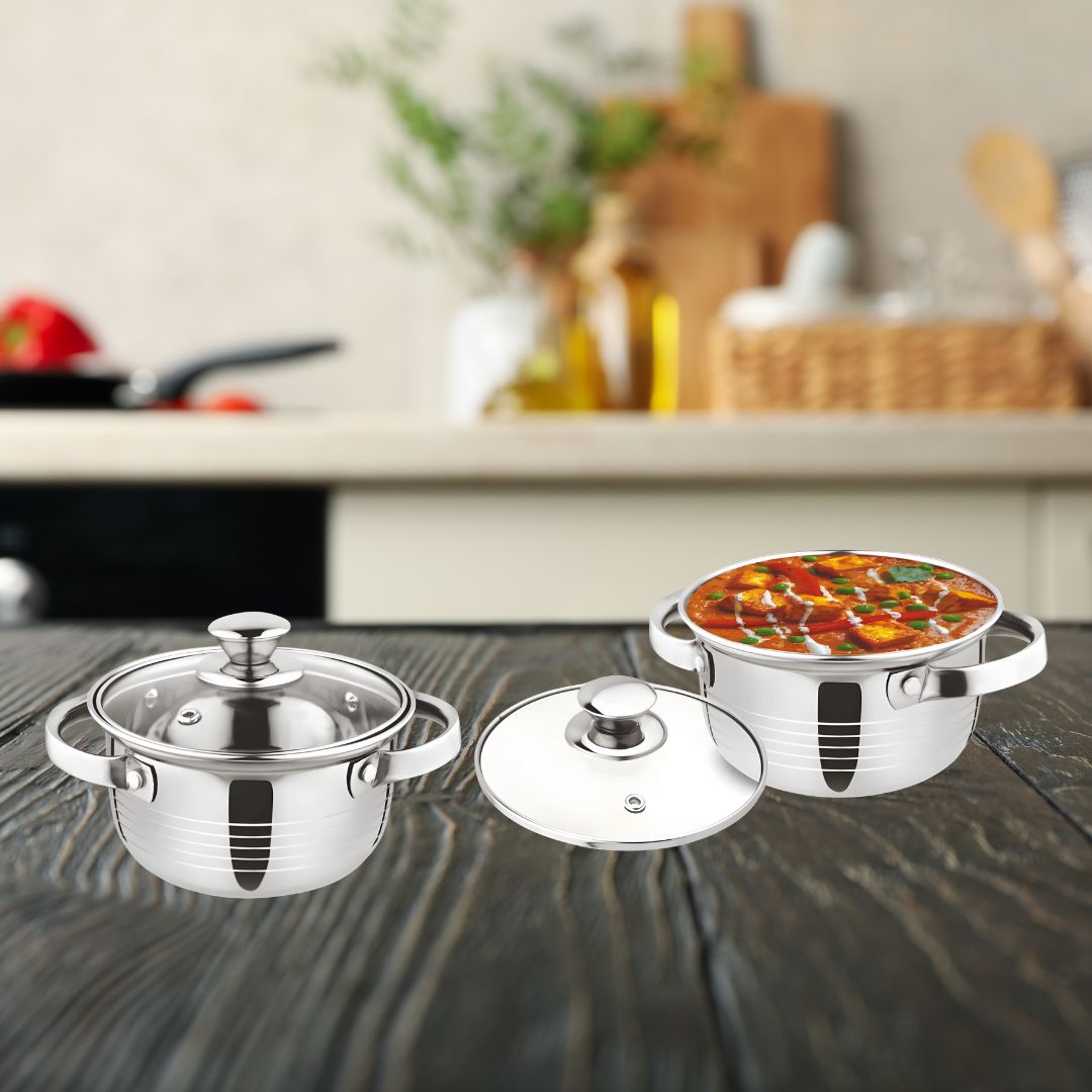 H360 - Swerve: Glass lid Stainless Steel Serving Casseroles | Set of 2 | 1100ml Each - corporate gift by YuBingo