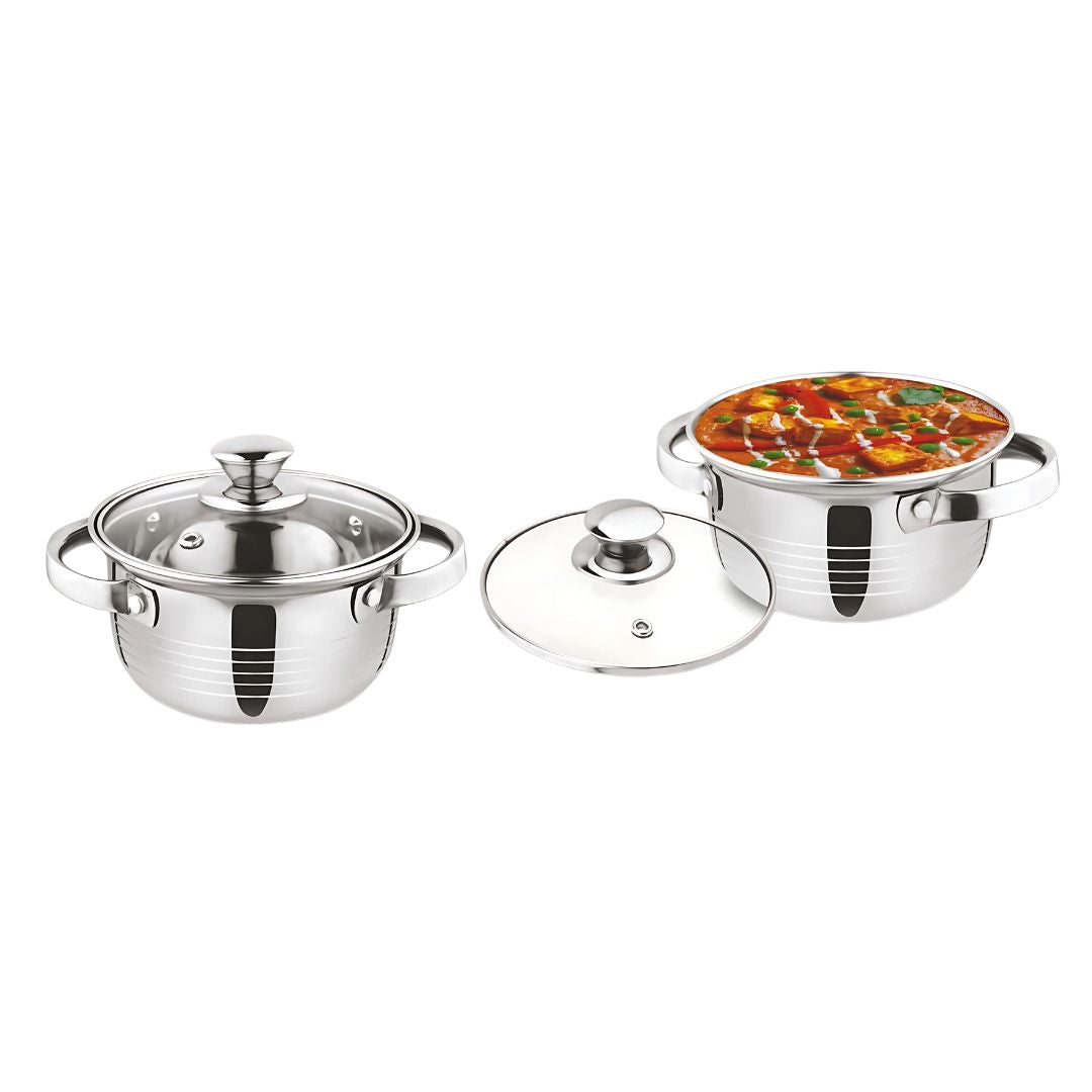 H360 - Swerve: Glass lid Stainless Steel Serving Casseroles | Set of 2 | 1100ml Each - corporate gift by YuBingo
