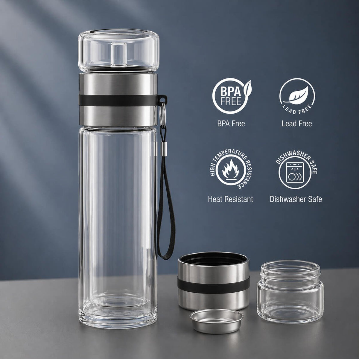 ClearSip Duo: Double wall Borosilicate Infuser bottle with SS infuser net - Premium Corporate Gift | H372 - corporate gift by YuBingo