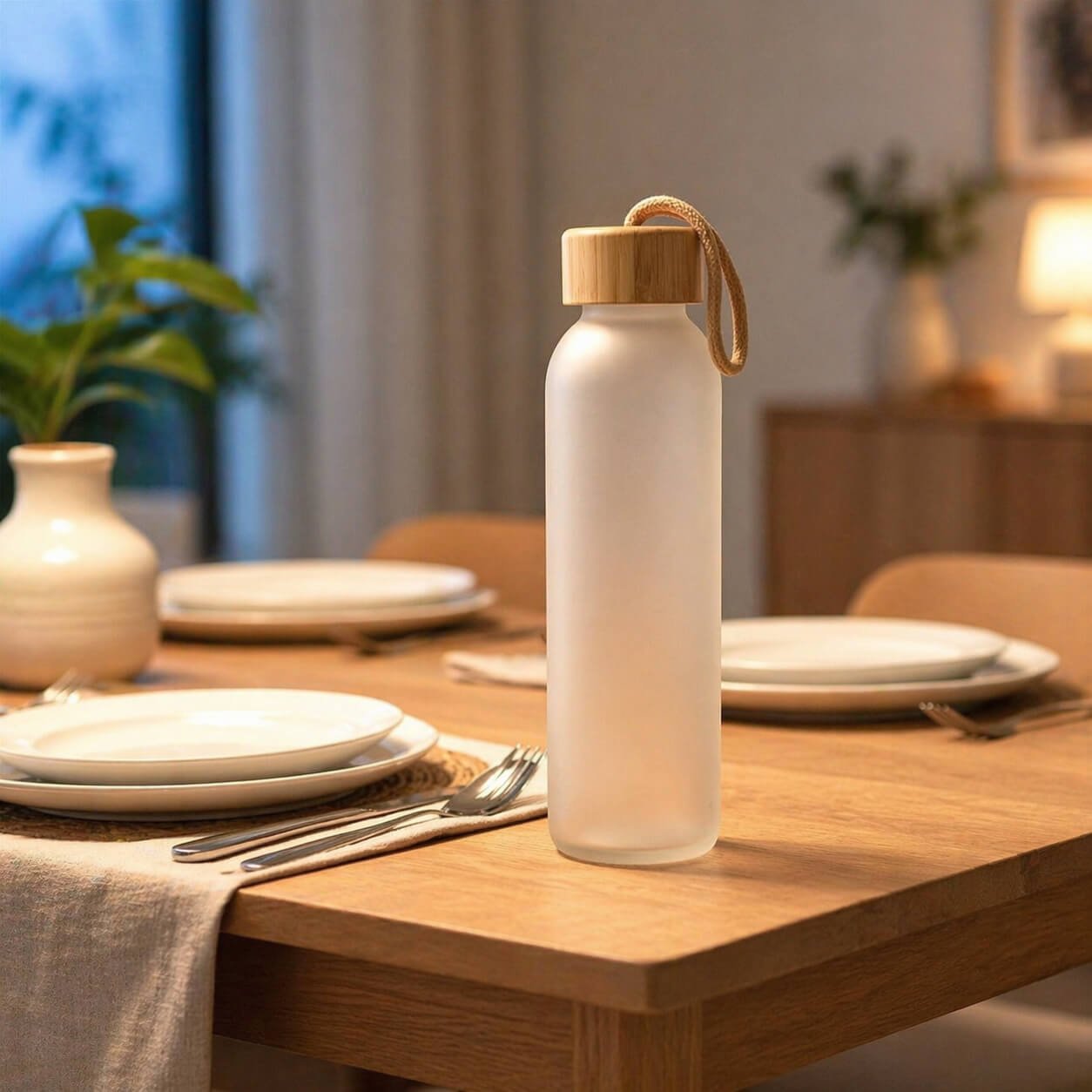 BambooCloud: Frosted Glass Bottle with Natural Bamboo Cap & Carry Loop - Premium Corporate Gift | H376 - corporate gift by YuBingo