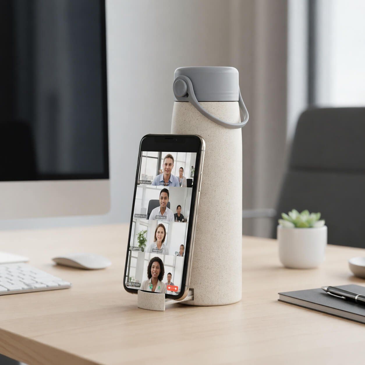 GraniteStation: Wheat straw Glass Bottle with Phone Stand Cap & Silicone Strap - Premium Corporate Gift | H378 - corporate gift by YuBingo