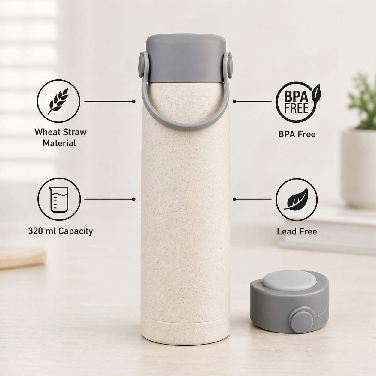 GraniteStation: Wheat straw Glass Bottle with Phone Stand Cap & Silicone Strap - Premium Corporate Gift | H378 - corporate gift by YuBingo