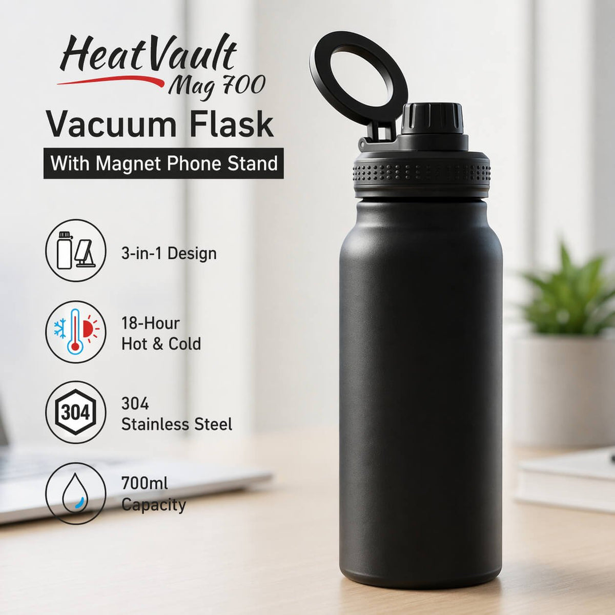 HeatVault Mag 700: Vacuum flask with Magnet phone stand - Premium Corporate Gift | H393 - corporate gift by YuBingo