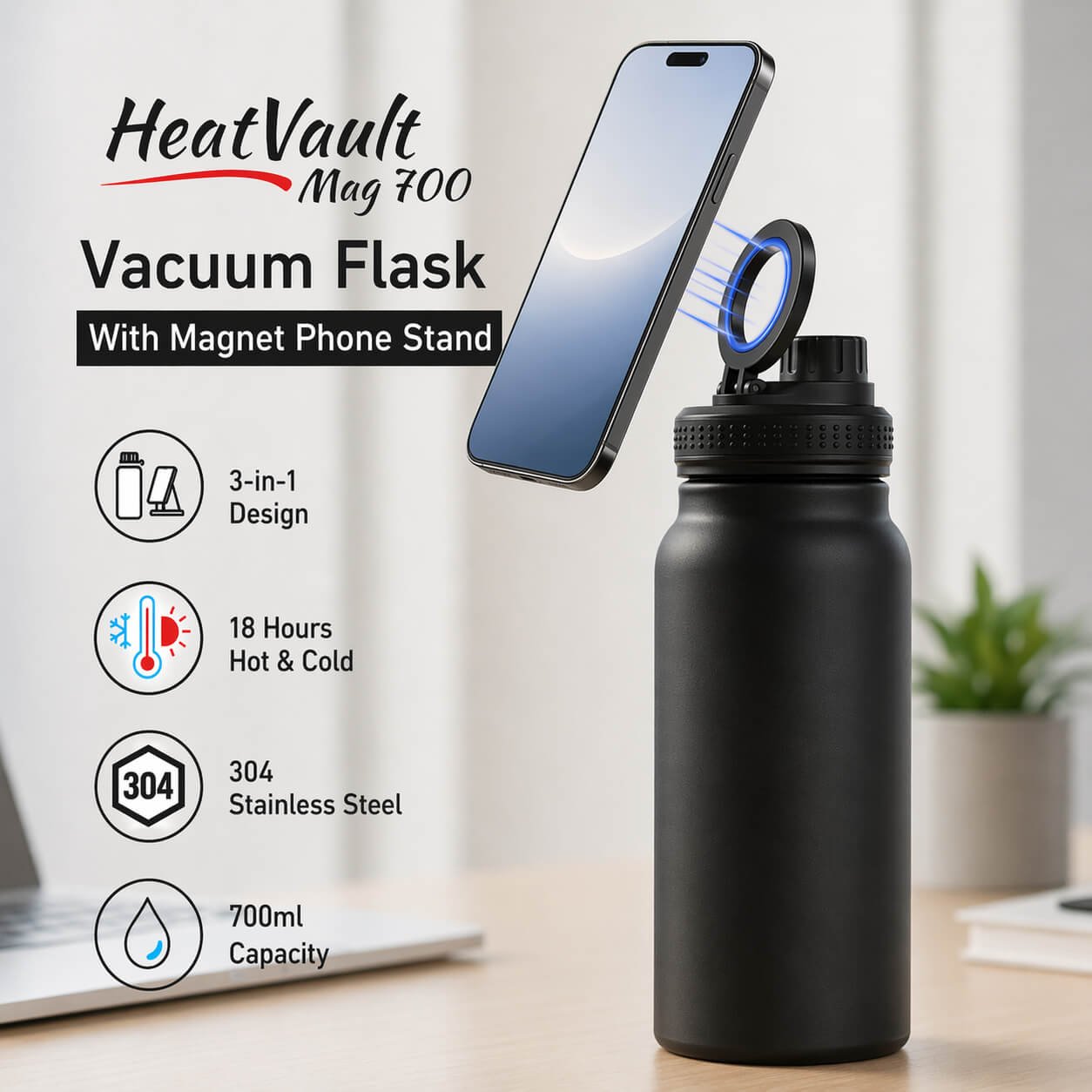 HeatVault Mag 700: Vacuum flask with Magnet phone stand - Premium Corporate Gift | H393 - corporate gift by YuBingo