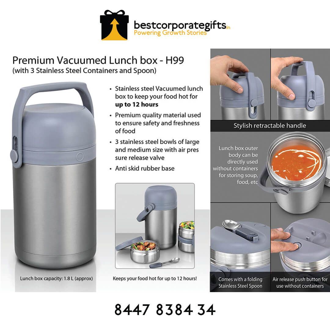 Premium Stainless Steel Lunch Box with 3 Stainless Steel Containers and Spoon - corporate gift by YuBingo