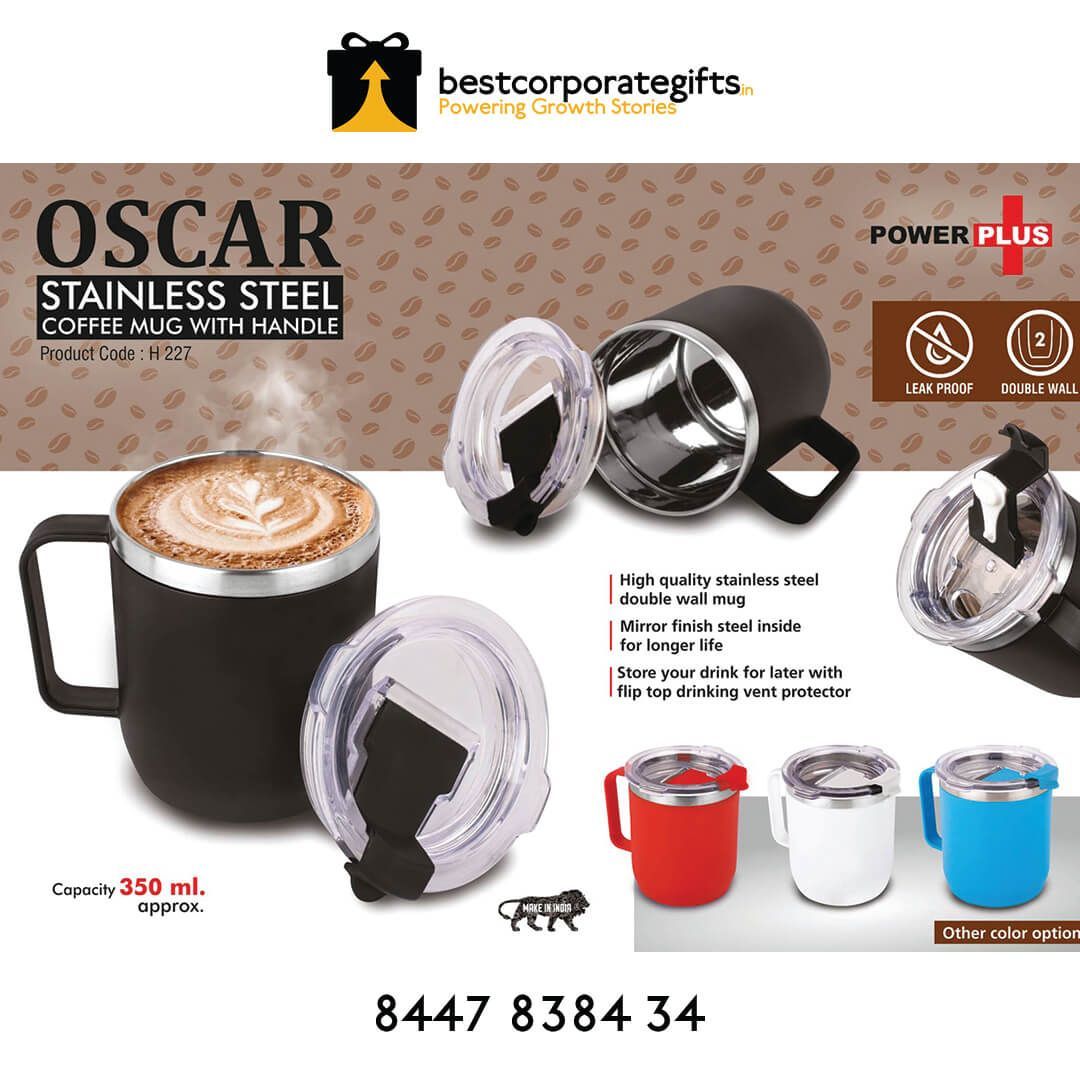 Oscar: Stainless Steel Coffee Mug With Handle - Premium Clear Cap With Flip Top - corporate gift by YuBingo