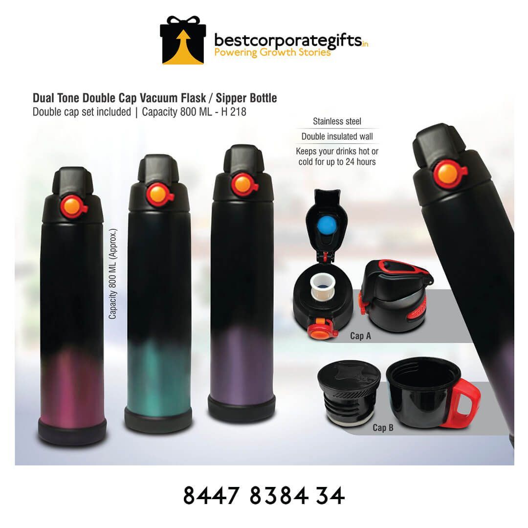 Dual Tone Double Cap Vacuum Flask / Sipper Bottle | Double Cap Set Included - corporate gift by YuBingo