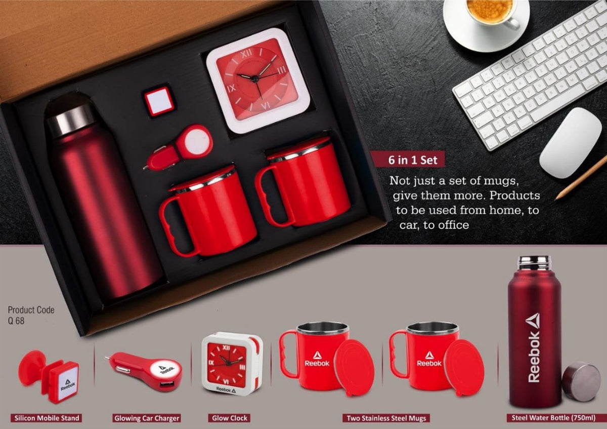 6-in-1 Gift Set: Steel Water Bottle, Silicon Mobile Stand, Glowing Car Charger, Glow Clock, Two Stainless Steel Mugs - product image 2