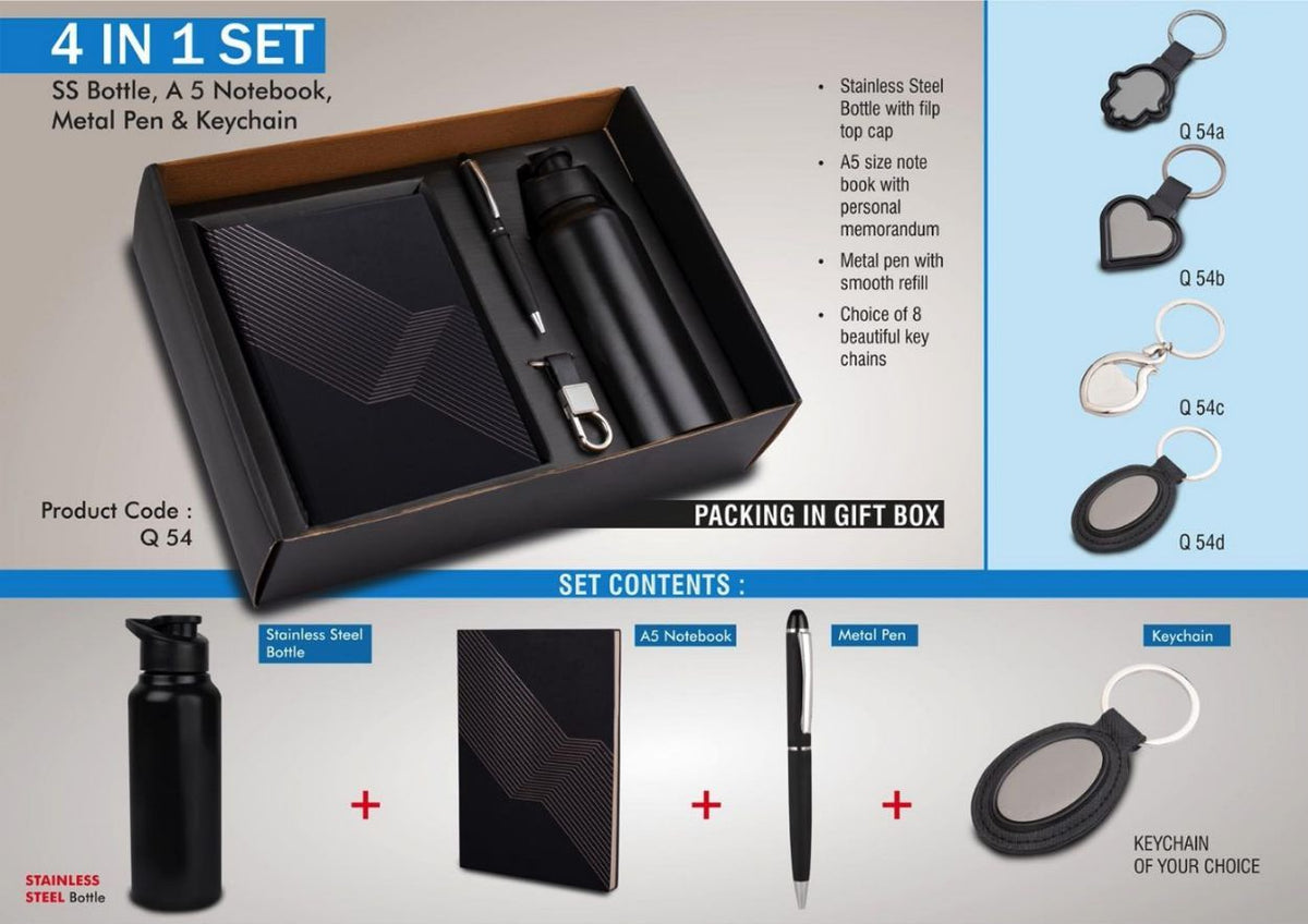 4-in-1 Stainless Steel Bottle, Metal Pen, Keychain, A5 Notebook Gift Set (Black) - product image 2
