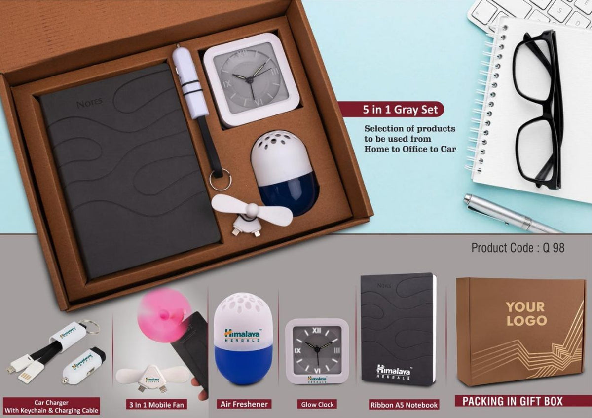 5 In 1 Gray Gift Set: Mobile Fan, Keychain, Air Freshener, Glow Clock, A5 PU Notebook - corporate gift by YuBingo