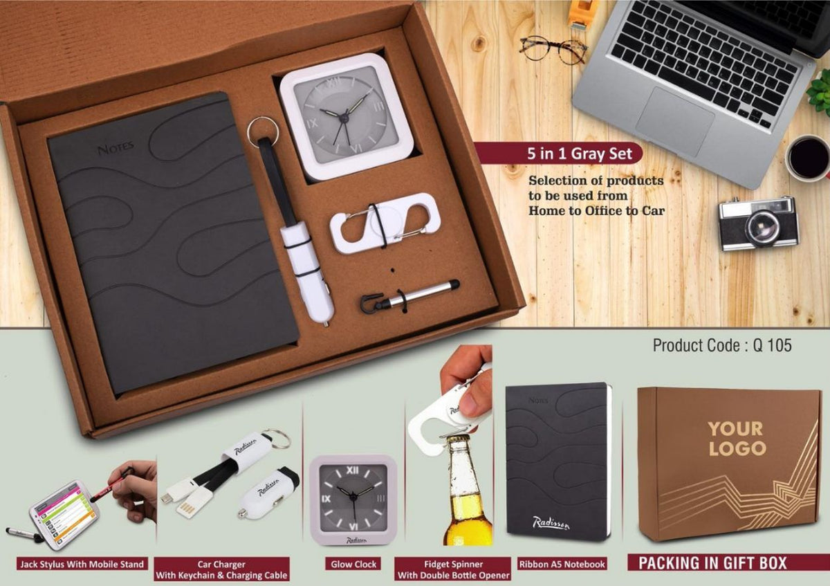 5 In 1 Gray Gift Set: Spinner With Bottle Opener, Keychain With Car Charger And Cable, Jack Stylus With Phone Stand, Glow Clock, A5 PU Noteboo - product image 2