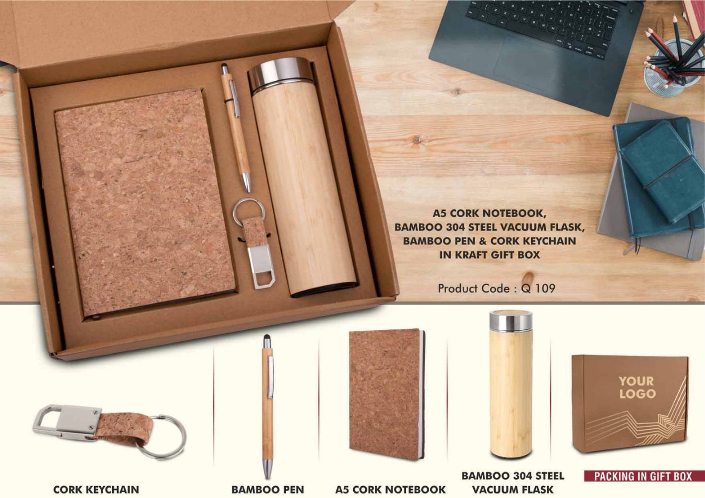 EcoSet 3: A5 Cork Notebook, Bamboo 304 Steel Vacuum Flask, Bamboo Pen, Cork Keychain - corporate gift by YuBingo