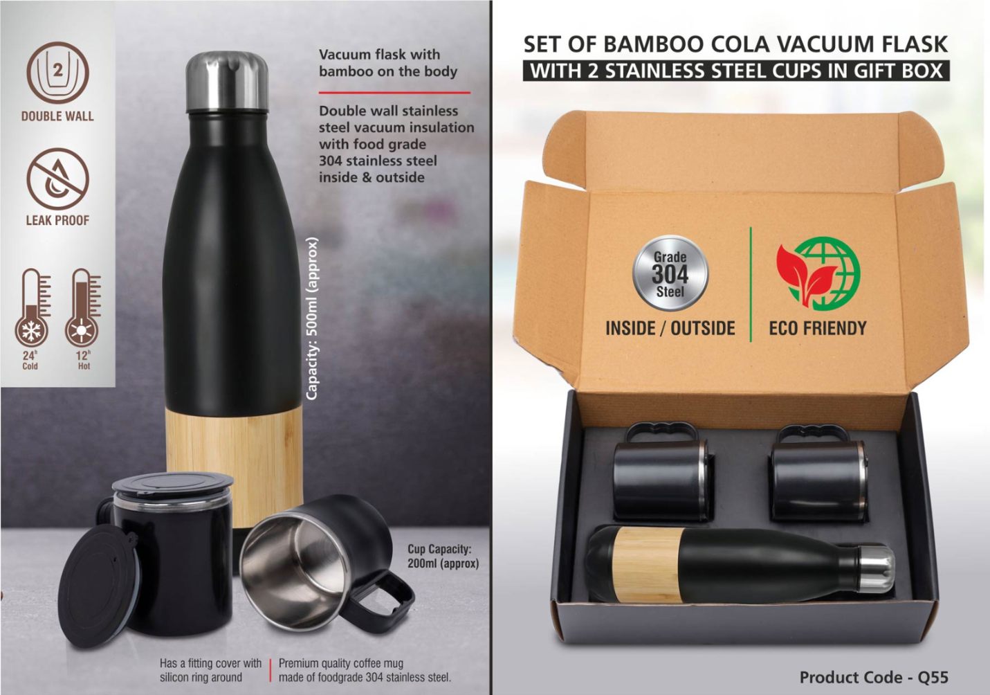 Set Of Bamboo Cola Vacuum Flask With 2 Stainless Steel Cups In Gift Box - corporate gift by YuBingo