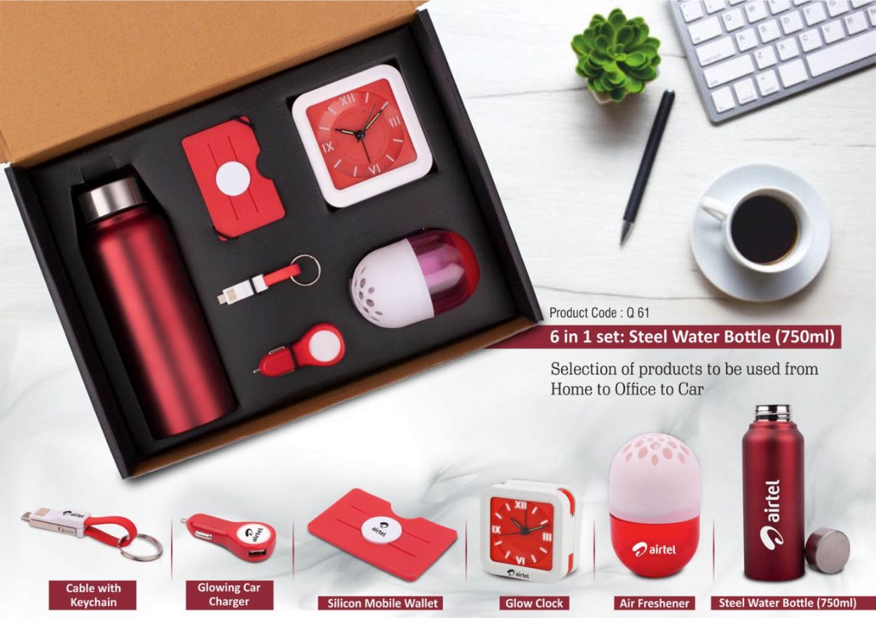 In 1 Set: Steel Water Bottle (750ml), Silicon Mobile Wallet, Charging Cable With Keychain, Glowing Car Charger, Glow Clock, Air Freshener - corporate gift by YuBingo