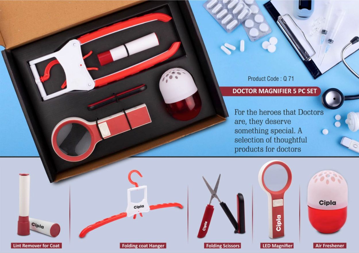 Doctor Magnifier Set: Folding Coat Hanger, Lint Remover, Folding Scissors, LED Magnifier, Capsule Shape Air Freshener | 5 Pc Set (Red) - Corpo - corporate gift by YuBingo