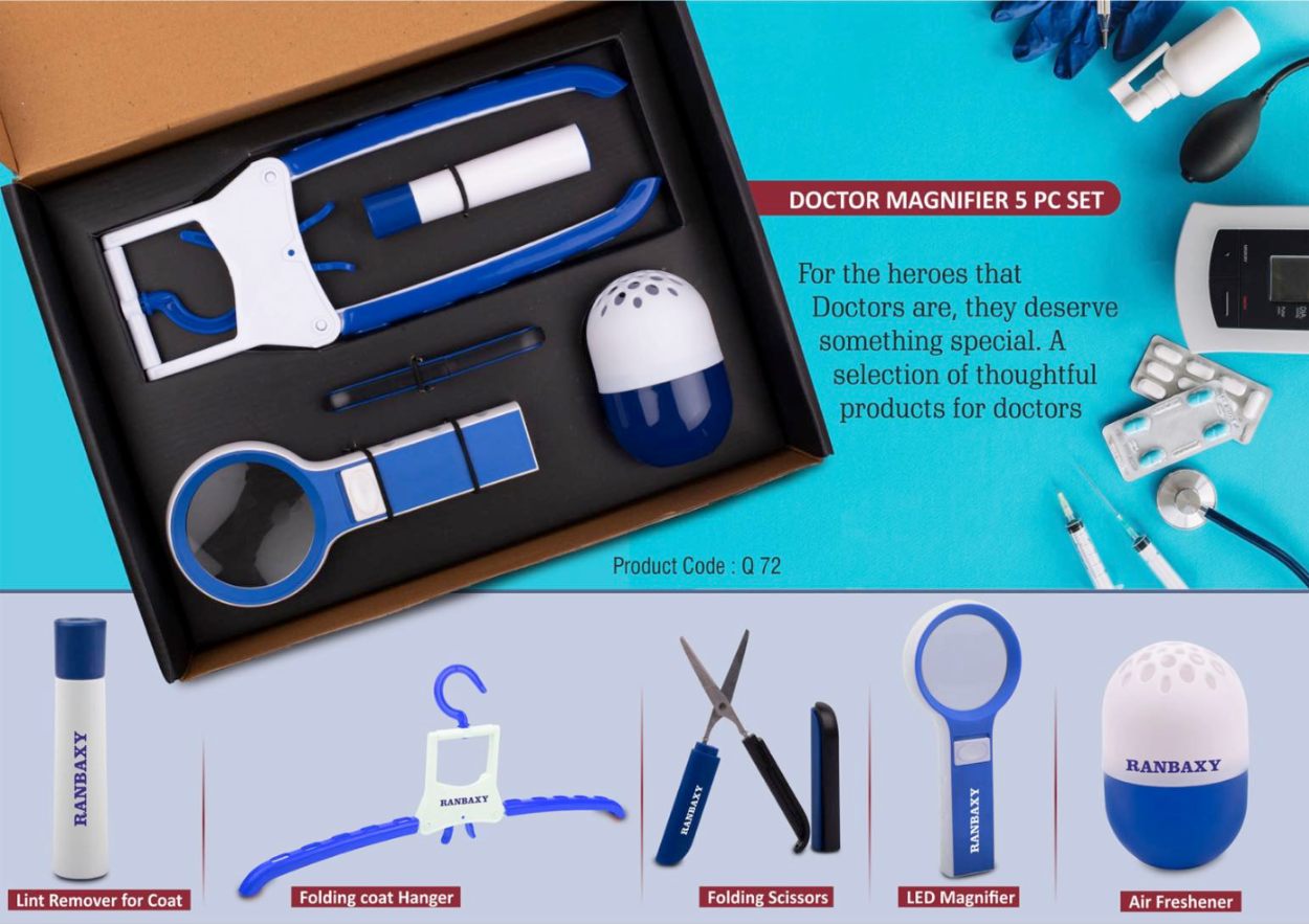 Doctor Magnifier Set: Folding Coat Hanger, Lint Remover, Folding Scissors, LED Magnifier, Capsule Shape Air Freshener | 5 Pc Set (Blue) - Corp - corporate gift by YuBingo