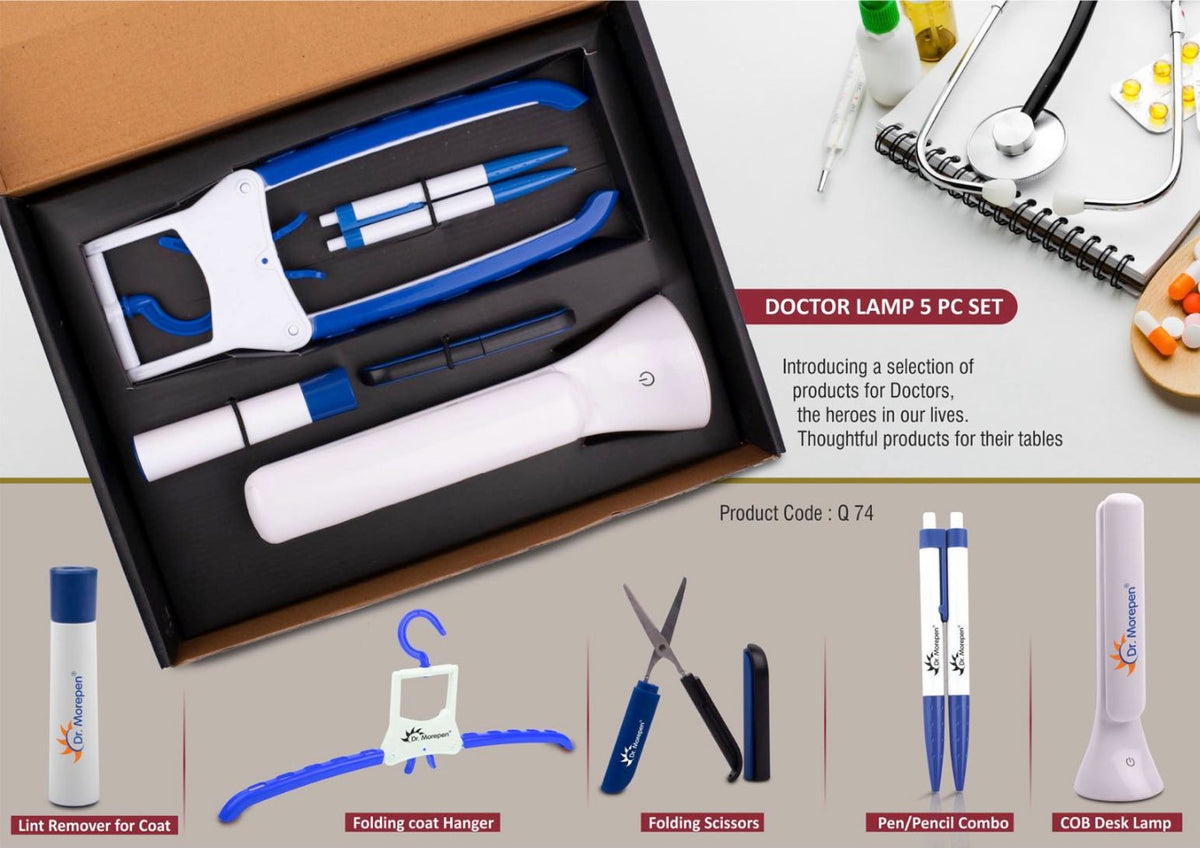 Doctor Lamp Set: Folding Coat Hanger, Lint Remover, Folding Scissors, Pen/Pencil Combo, COB Desk Lamp | 5 Pc Set - Blue - product image 2