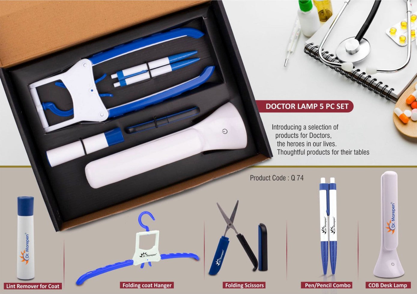 Doctor Lamp Set: Folding Coat Hanger, Lint Remover, Folding Scissors, Pen/Pencil Combo, COB Desk Lamp | 5 Pc Set - Blue - corporate gift by YuBingo