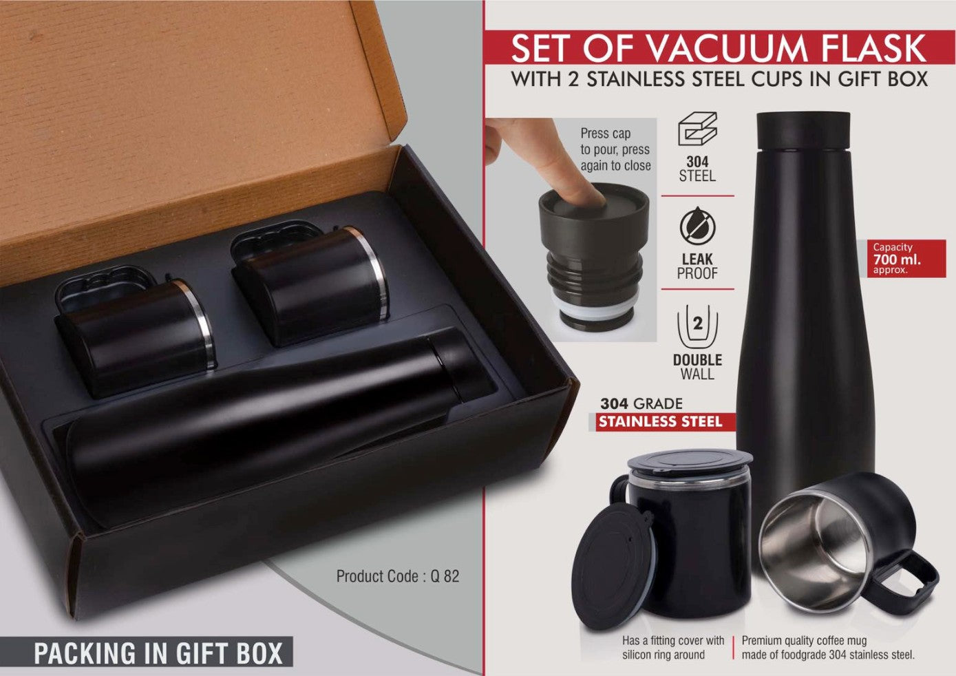 Vacuum Flask Gift Set With 2 Stainless Steel Cups In Gift Box - corporate gift by YuBingo