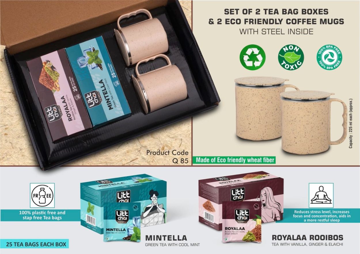 Set Of 2 Tea Bag Boxes With 2 SS Eco Mugs | Total 50 Tea Bags | Mugs Made Of Wheat Straw Material - corporate gift by YuBingo