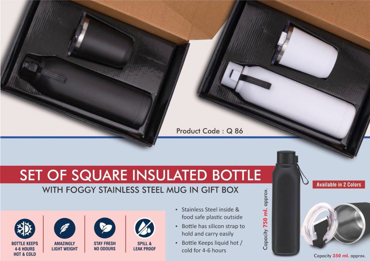 Set Of Square Insulated Bottle With Foggy SS Mug - Black/White - Beautiful Gift Set For Corporate And Promotional Gifts - corporate gift by YuBingo