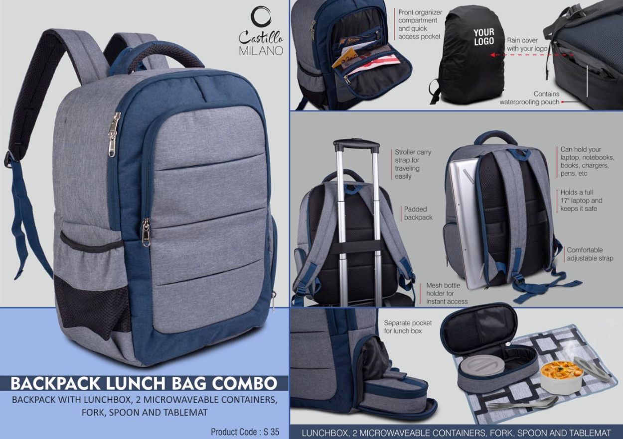 Backpack Lunch Bag Kit Combo: Backpack With Lunchbox, Containers, Utensils, And Tablemat - corporate gift by YuBingo