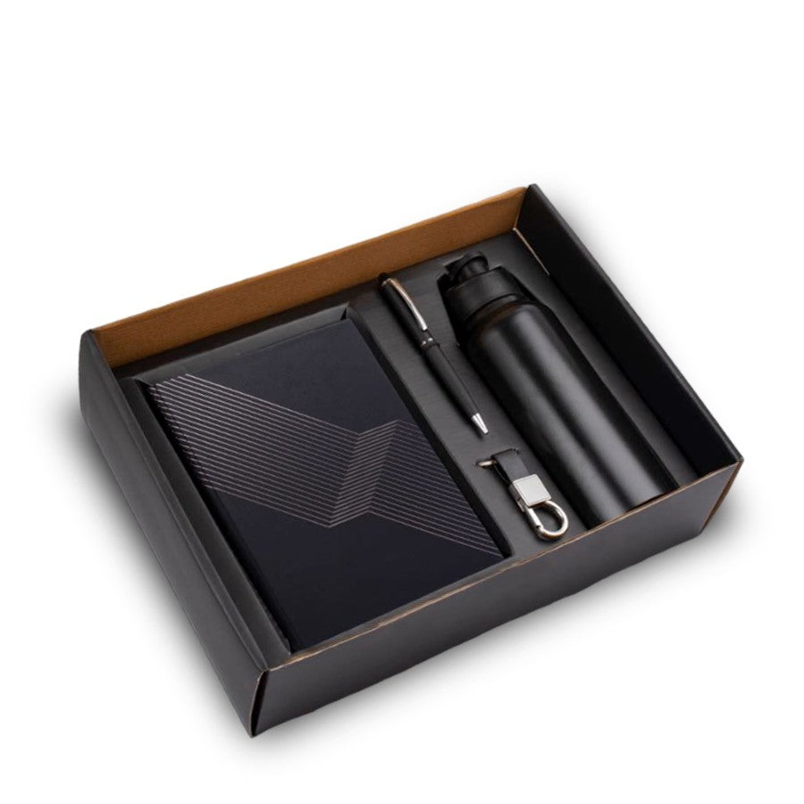 4-in-1 Stainless Steel Bottle, Metal Pen, Keychain, A5 Notebook Gift Set (Black) - corporate gift by YuBingo