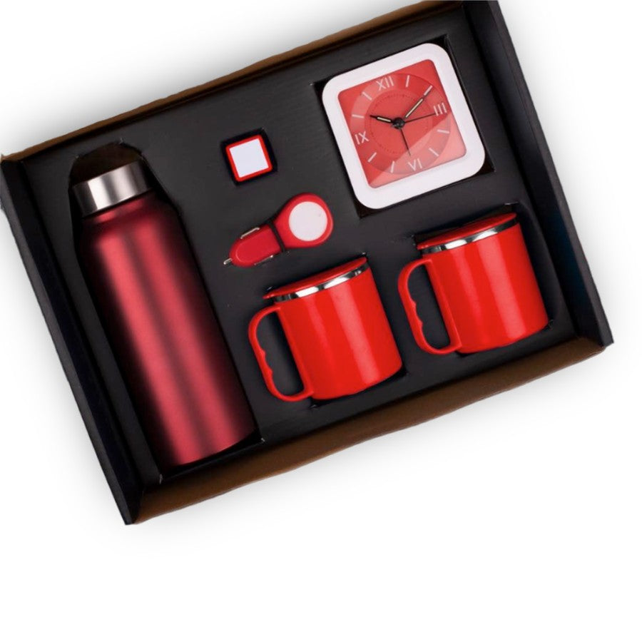 6-in-1 Gift Set: Steel Water Bottle, Silicon Mobile Stand, Glowing Car Charger, Glow Clock, Two Stainless Steel Mugs - corporate gift by YuBingo