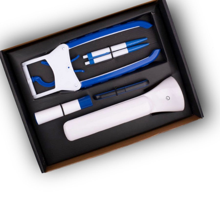 Doctor Lamp Set: Folding Coat Hanger, Lint Remover, Folding Scissors, Pen/Pencil Combo, COB Desk Lamp | 5 Pc Set - Blue - corporate gift by YuBingo