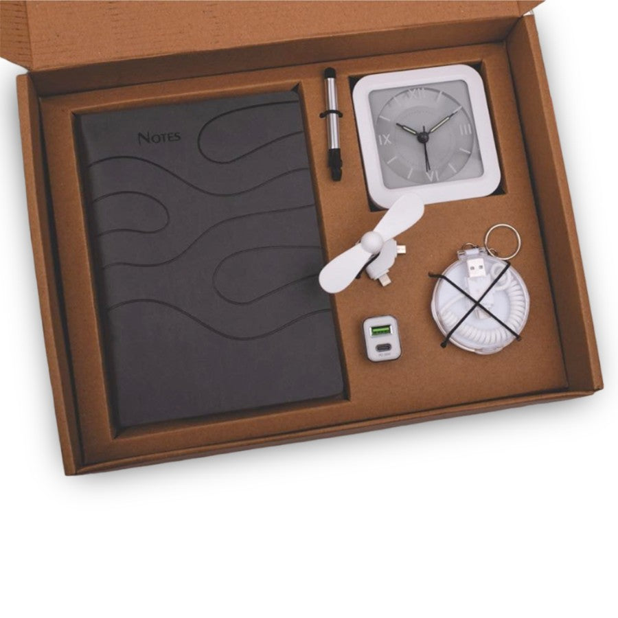 6-in-1 Gray Gift Set - Mobile Fan, All in 1 Cable, Car Charger, Stylus with Phone Stand, Glow Clock, A5 PU Notebook - corporate gift by YuBingo