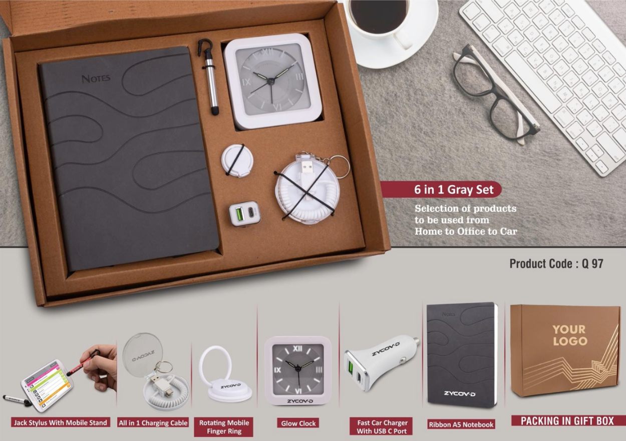 6 In 1 Gray Gift Set: Mobile Finger Ring, All In 1 Cable, Dual USB Car Charger, Stylus With Phone Stand, Glow Clock, A5 PU Notebook - Corporat - product image 3