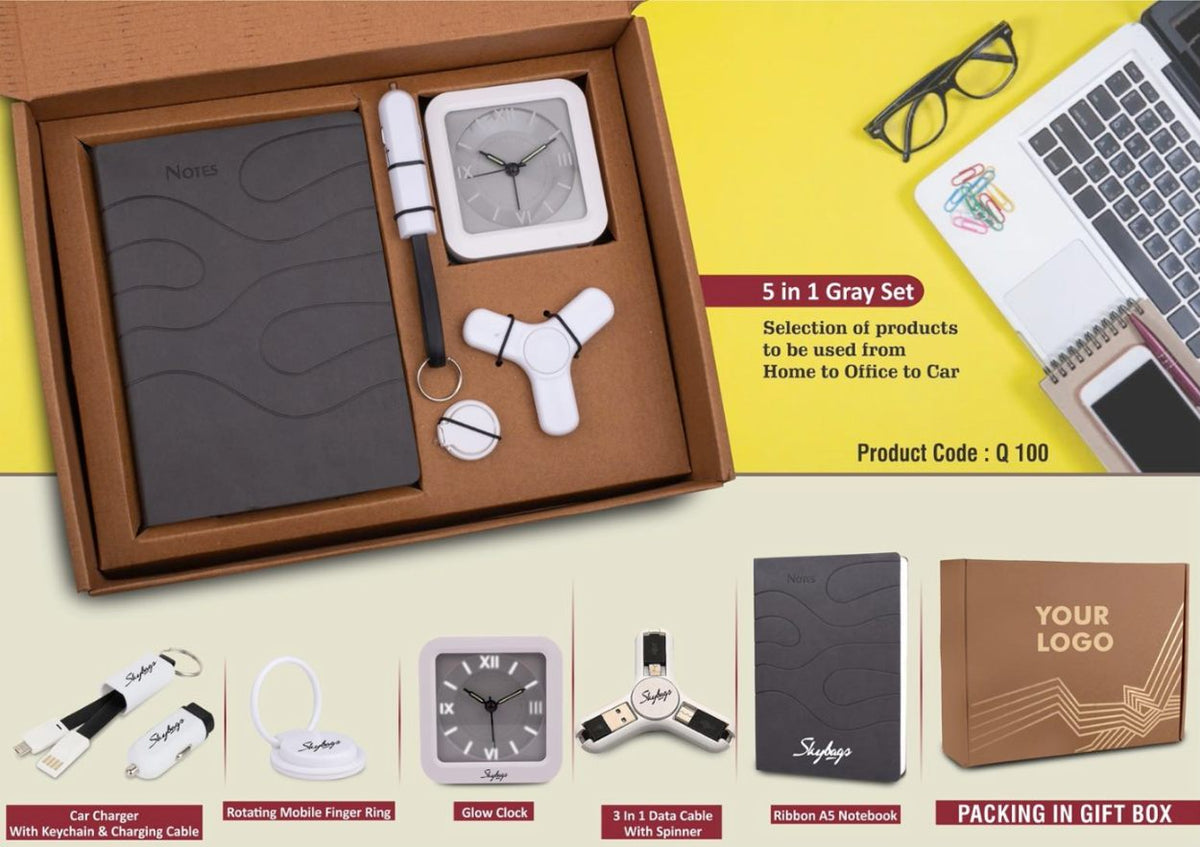 5 In 1 Gray Gift Set: Mobile Finger Ring, Keychain, Spinner, Glow Clock, A5 PU Notebook - product image 2