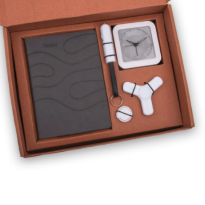 5 In 1 Gray Gift Set: Mobile Finger Ring, Keychain, Spinner, Glow Clock, A5 PU Notebook - corporate gift by YuBingo
