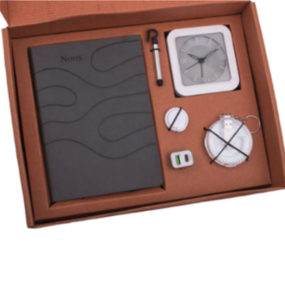6 In 1 Gray Gift Set: Mobile Finger Ring, All In 1 Cable, Dual USB Car Charger, Stylus With Phone Stand, Glow Clock, A5 PU Notebook - Corporat - product image 2