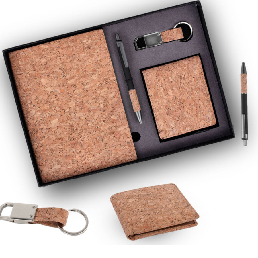 Cork 4 Pc Gift Set: Cork Notebook With Wallet, Bamboo Pen, And Keychain - corporate gift by YuBingo
