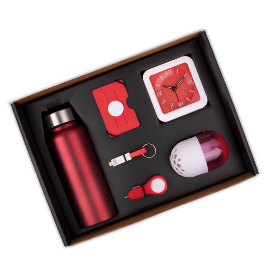 In 1 Set: Steel Water Bottle (750ml), Silicon Mobile Wallet, Charging Cable With Keychain, Glowing Car Charger, Glow Clock, Air Freshener - corporate gift by YuBingo