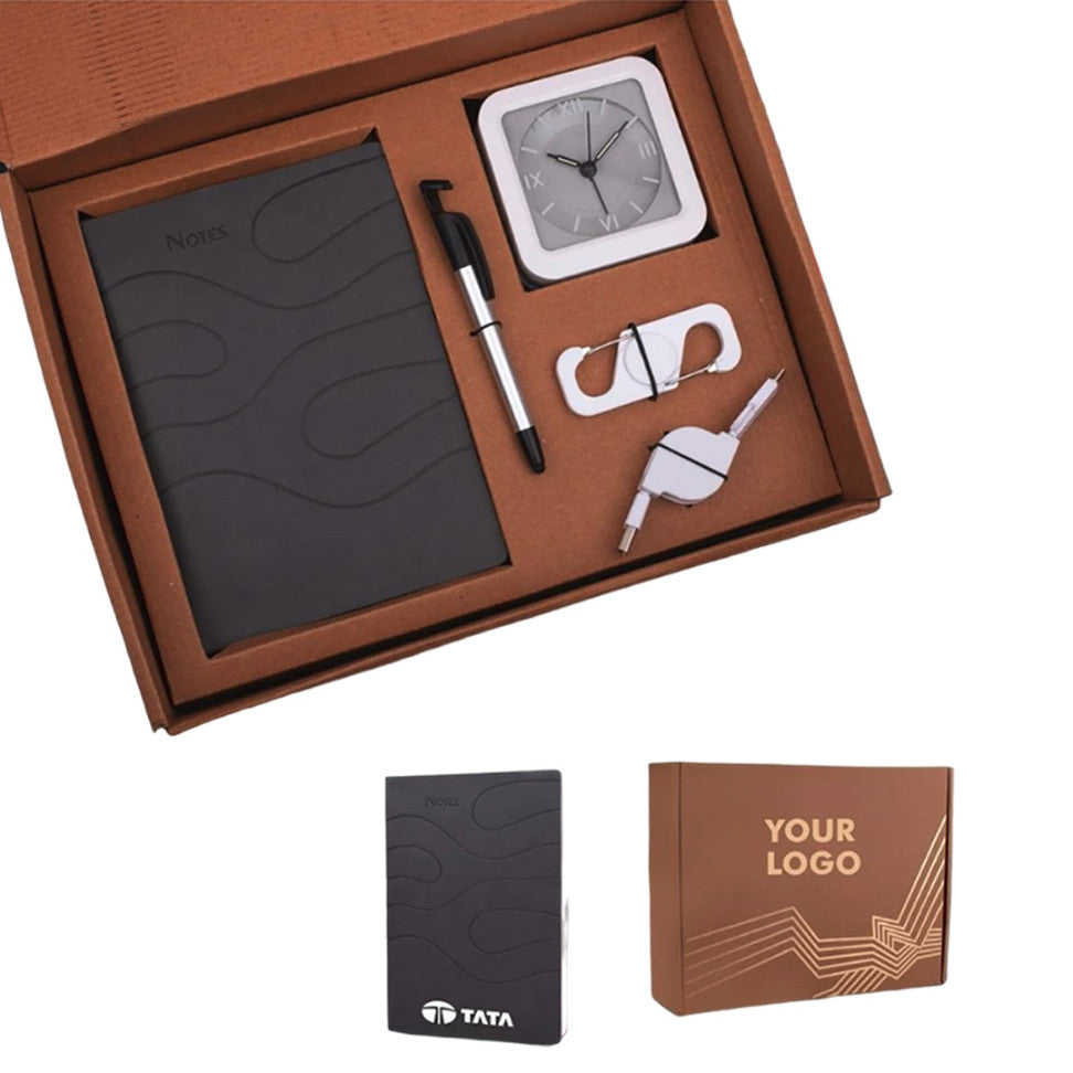 5 In 1 Gray Gift Set: Expandable Data Cable, Spinner With Bottle Opener, 4 In 1 Pen, Glow Clock, A5 PU Notebook - corporate gift by YuBingo